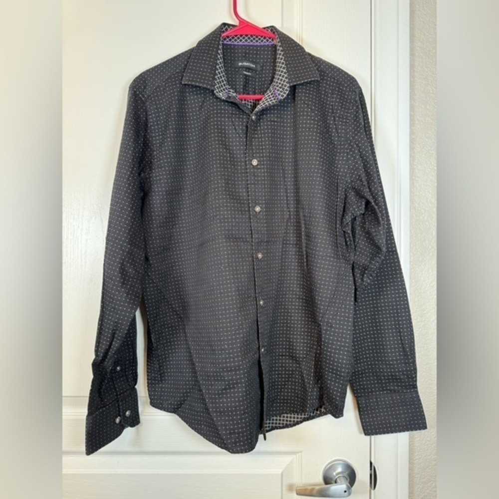 Bugatchi Black Dotted Classic Fit Dress Casual Button Down Shirt MED EUC #5783